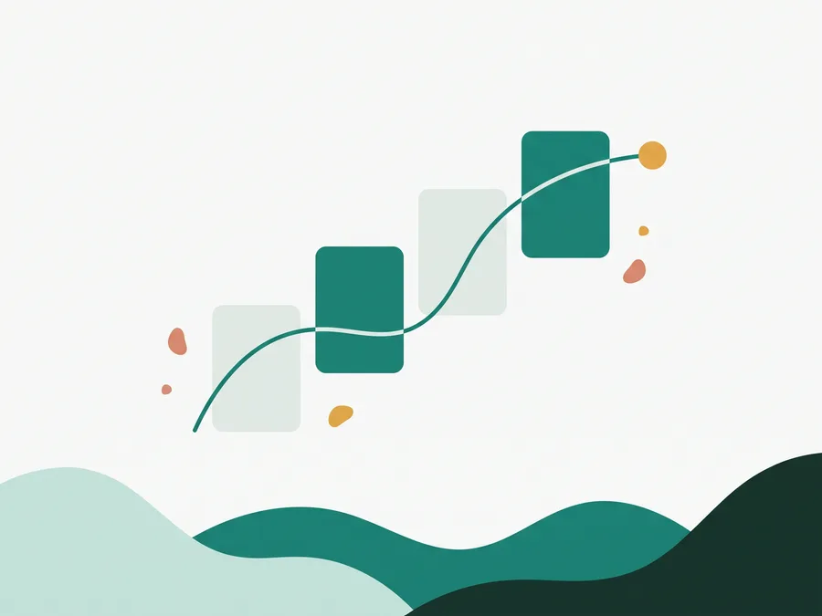 Cards stepping upward along a curved path towards a marker